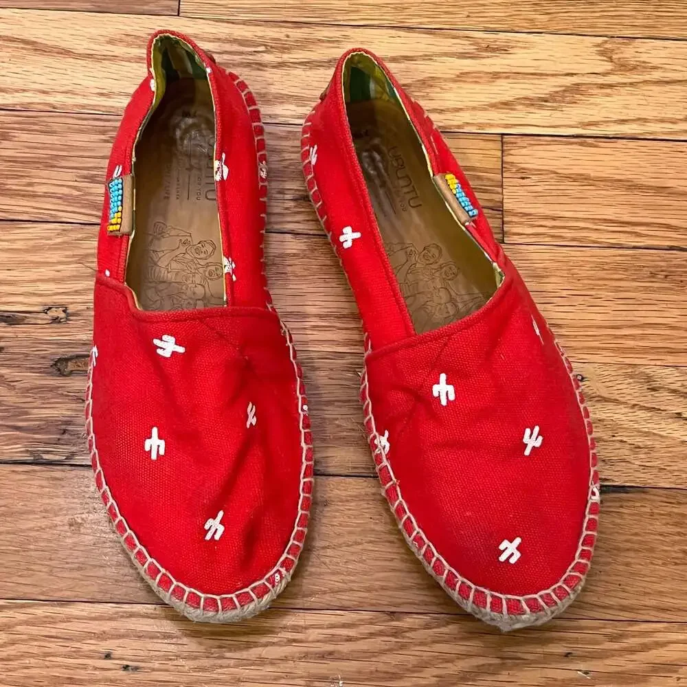 Ubuntu Life Red Cactus Embroidered Canvas Espadrilles Women's Size 7 Summer